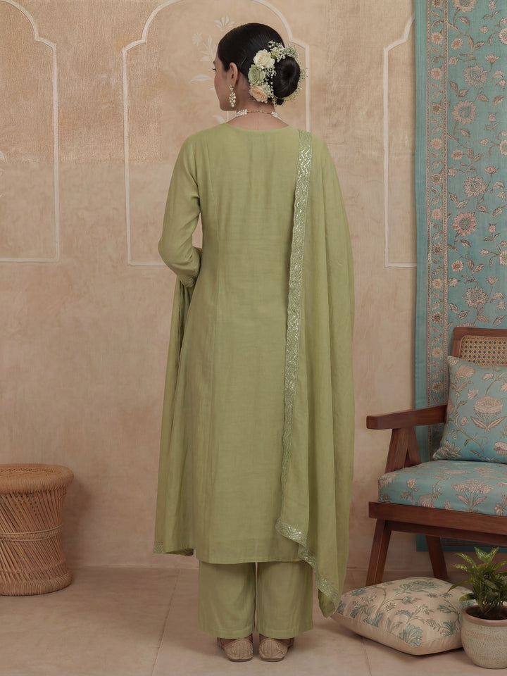Green A-Line Thared Work Design Lining Kurta Trouser Dupatta Set-Yufta Store-7486SKDGRM