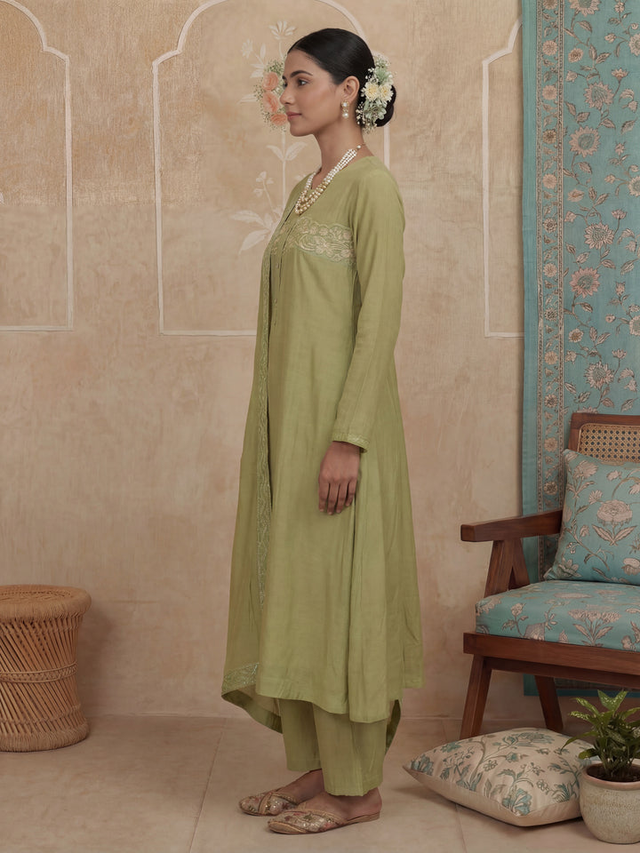 Green A-Line Thared Work Design Lining Kurta Trouser Dupatta Set-Yufta Store-7486SKDGRM
