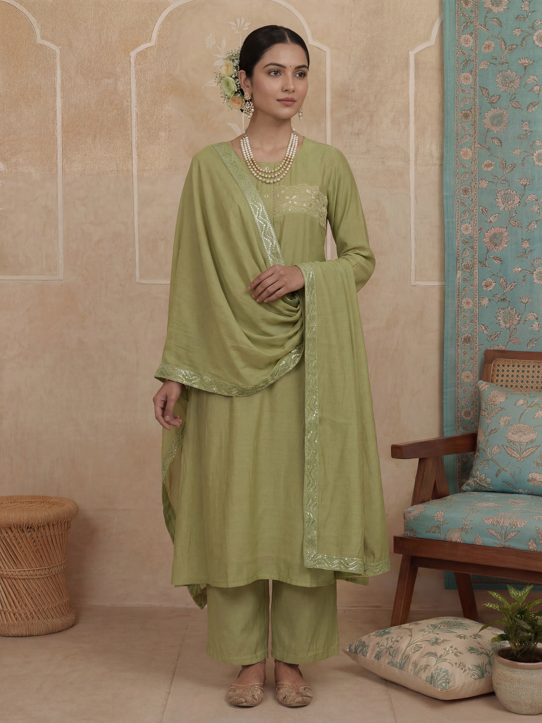 Green A-Line Thared Work Design Lining Kurta Trouser Dupatta Set-Yufta Store-7486SKDGRM