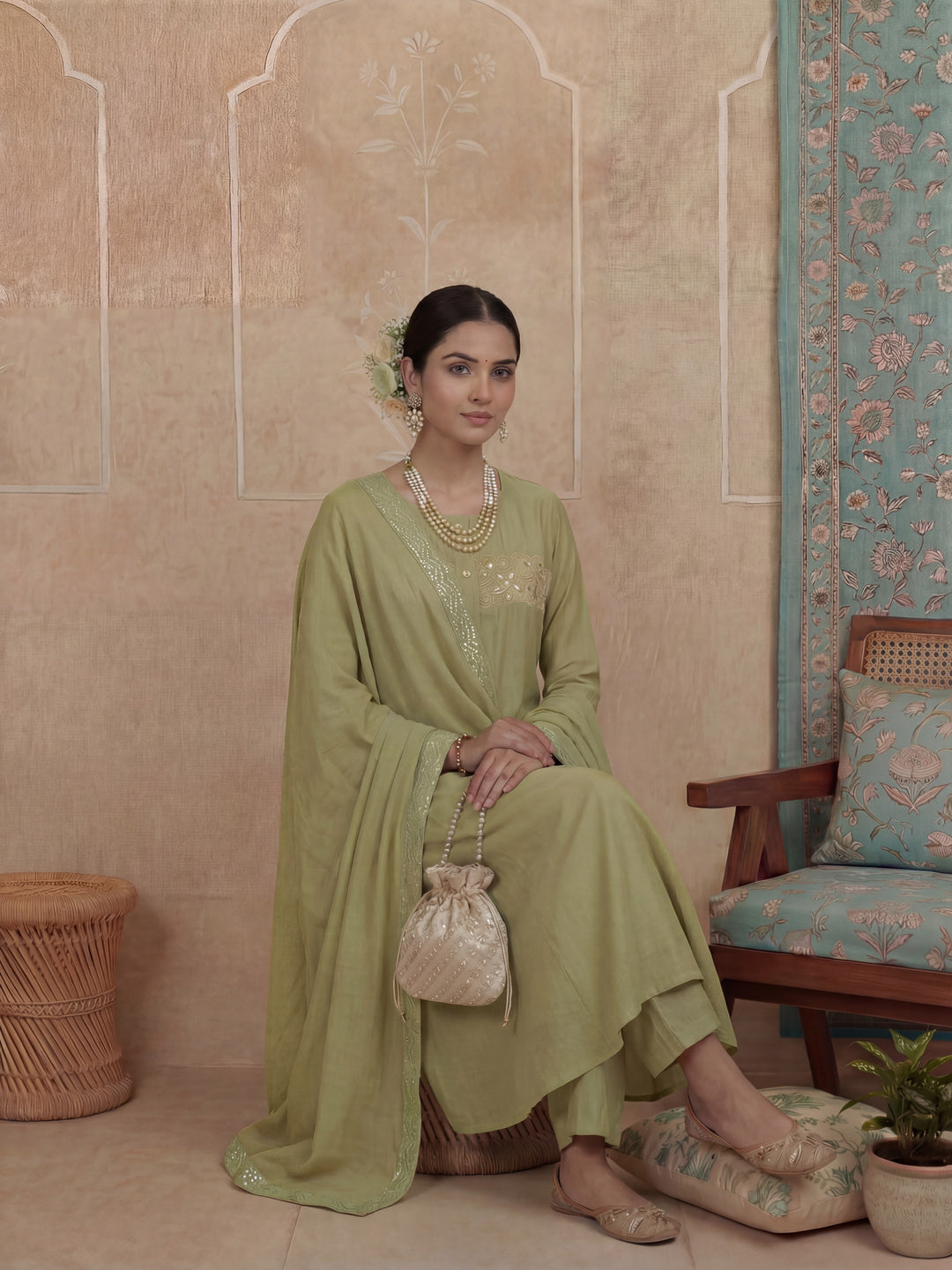 Green A-Line Thared Work Design Lining Kurta Trouser Dupatta Set-Yufta Store-7486SKDGRM