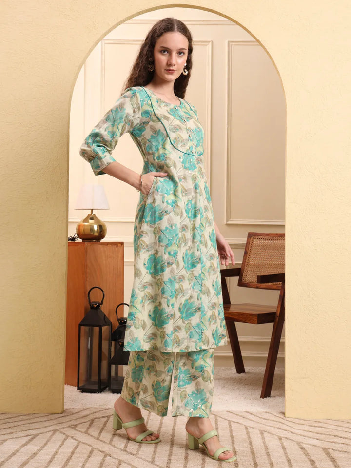 Green And Beige Floral Print A-Line Kurta Trouser Set-Yufta Store-6639SETGRM