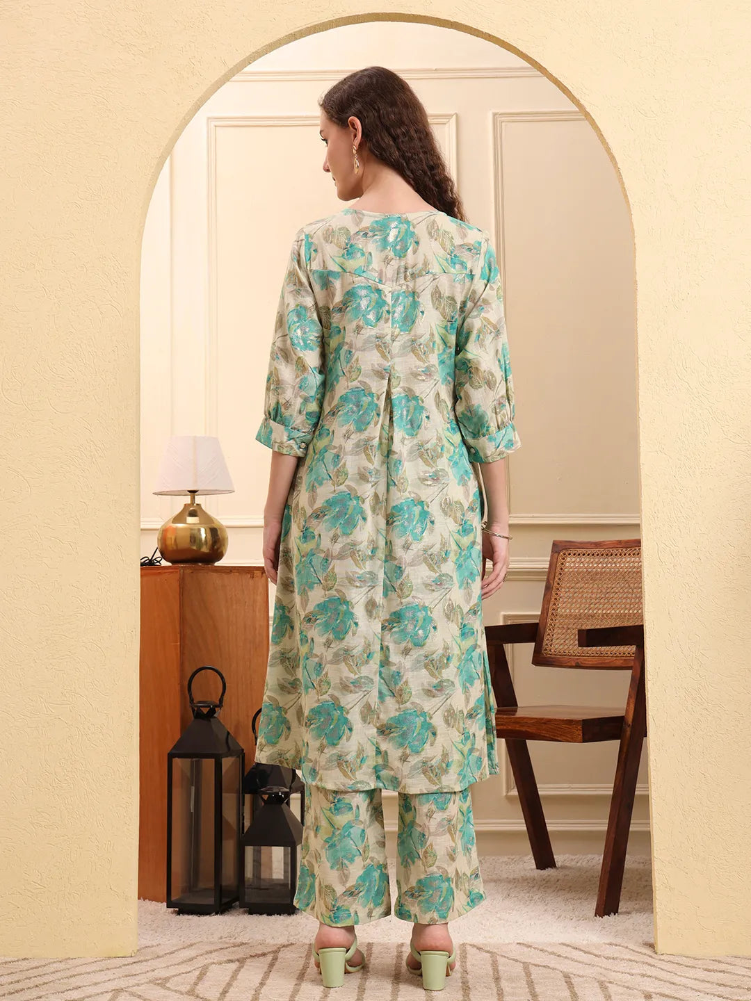Green And Beige Floral Print A-Line Kurta Trouser Set-Yufta Store-6639SETGRM