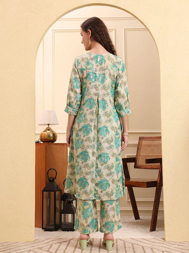 Green And Beige Floral Print A-Line Kurta Trouser Set-Yufta Store-6639SETGRM