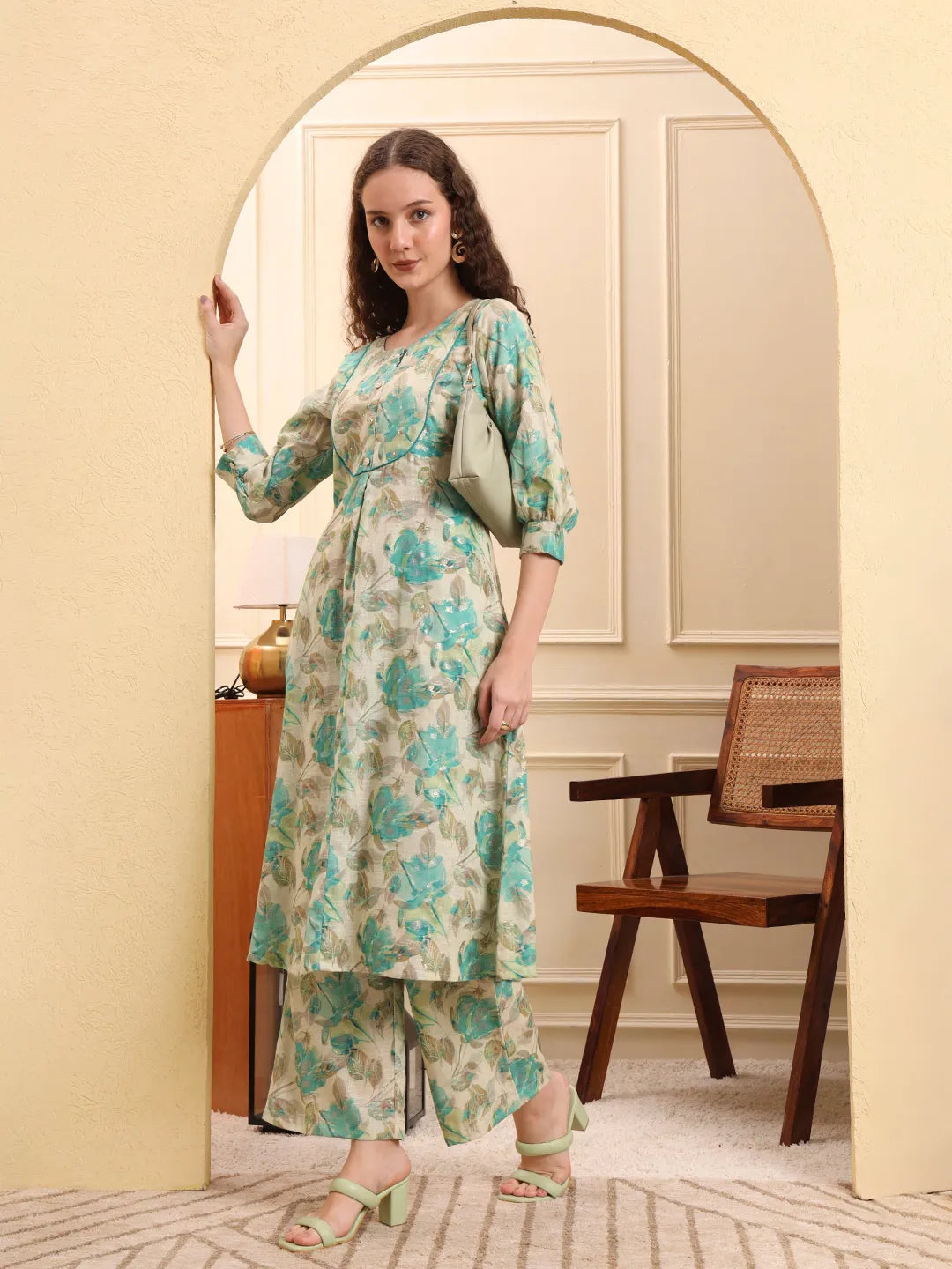 Green And Beige Floral Print A-Line Kurta Trouser Set-Yufta Store-6639SETGRM