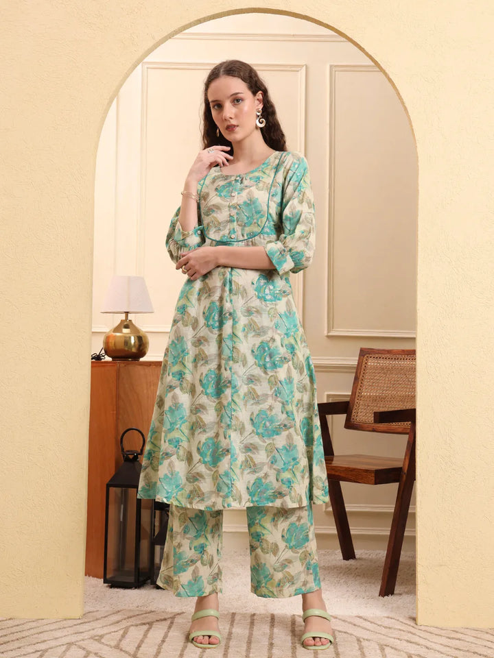 Green And Beige Floral Print A-Line Kurta Trouser Set-Yufta Store-6639SETGRM