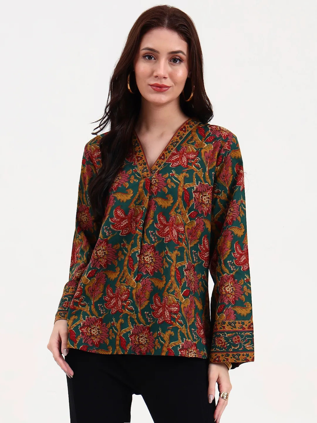 Green And Brown Cotton Straight Top-Yufta Store-7260TOPGRS