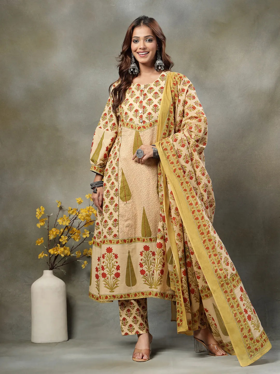 Green And Peach Floral Print Cotton A-Line Kurta And Trouser With Dupatta Set-Yufta Store-6092SKDGRM