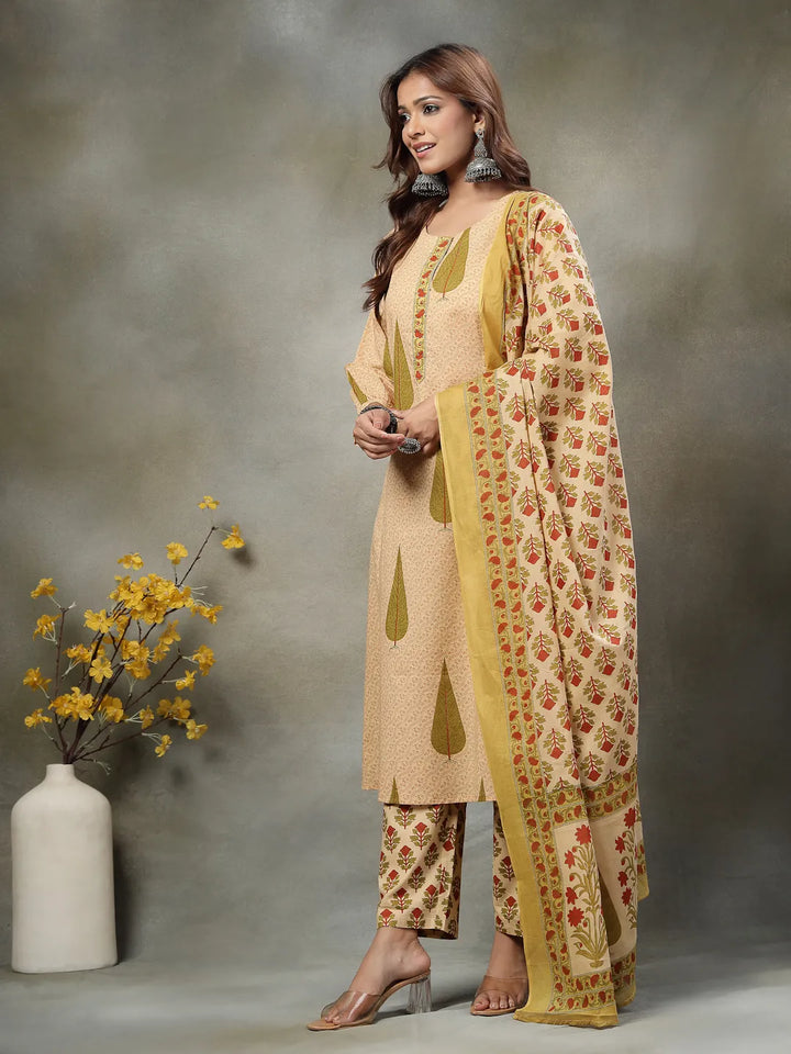 Green And Peach Floral Sequins Work Cotton A-Line Kurta And Trouser Dupatta Set