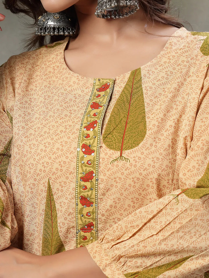 Green And Peach Floral Sequins Work Cotton A-Line Kurta And Trouser Dupatta Set