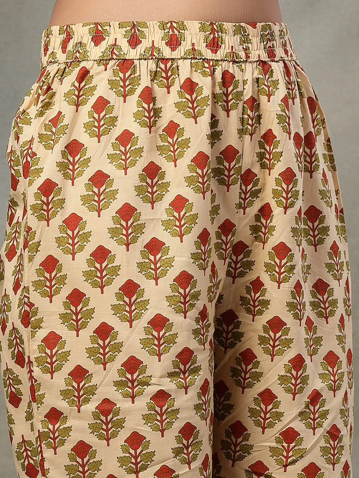 Green And Peach Floral Sequins Work Cotton A-Line Kurta And Trouser Dupatta Set