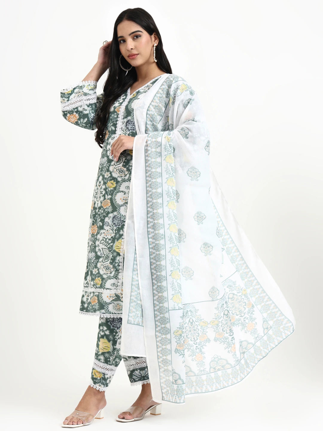 Green And White Cotton Pakistani Style Kurta Dupatta Set
