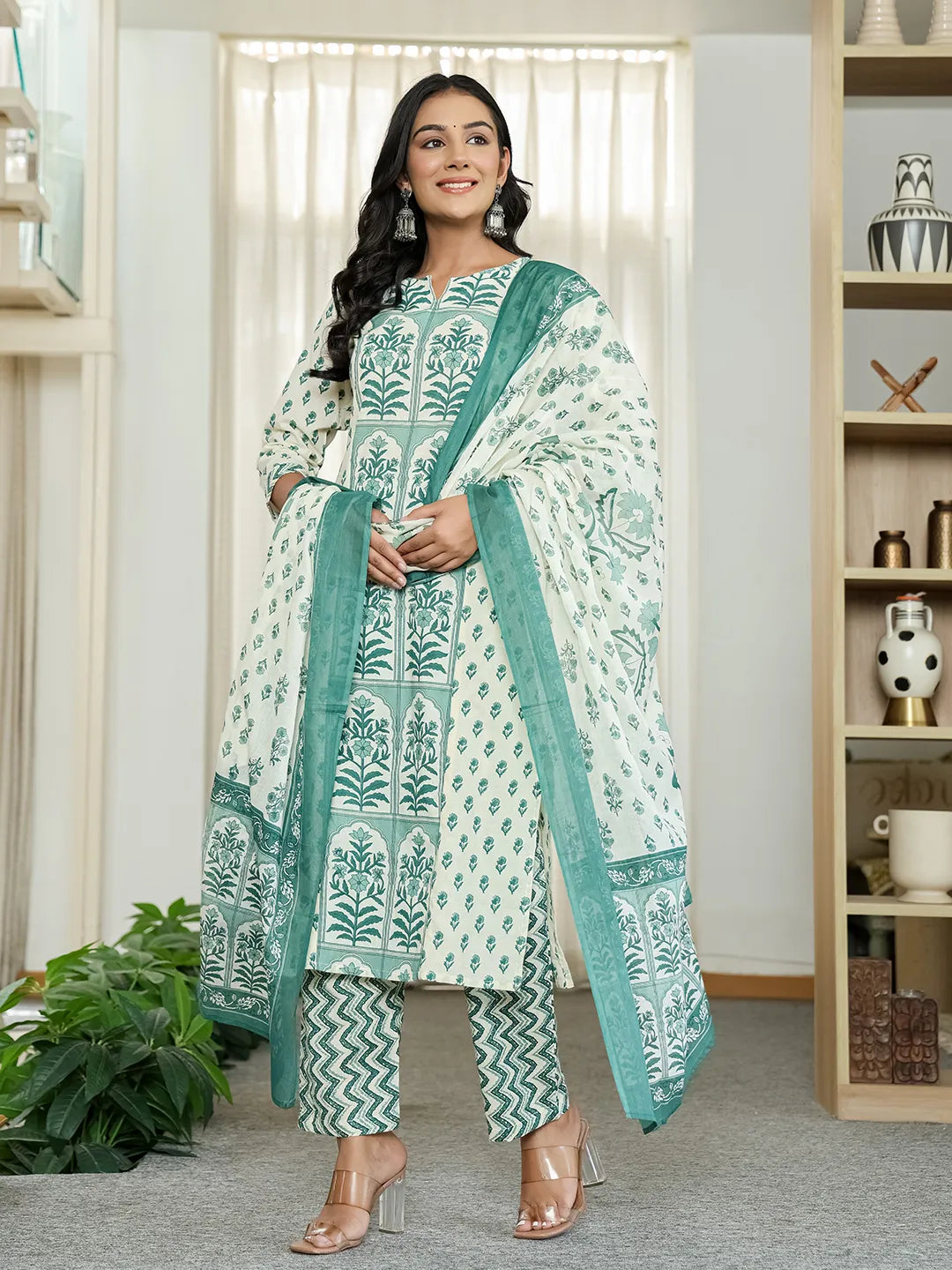 Green And White Ethnic Motifs Straight Kurta Trouser Dupatta Set-Yufta Store-6519SKDGRM