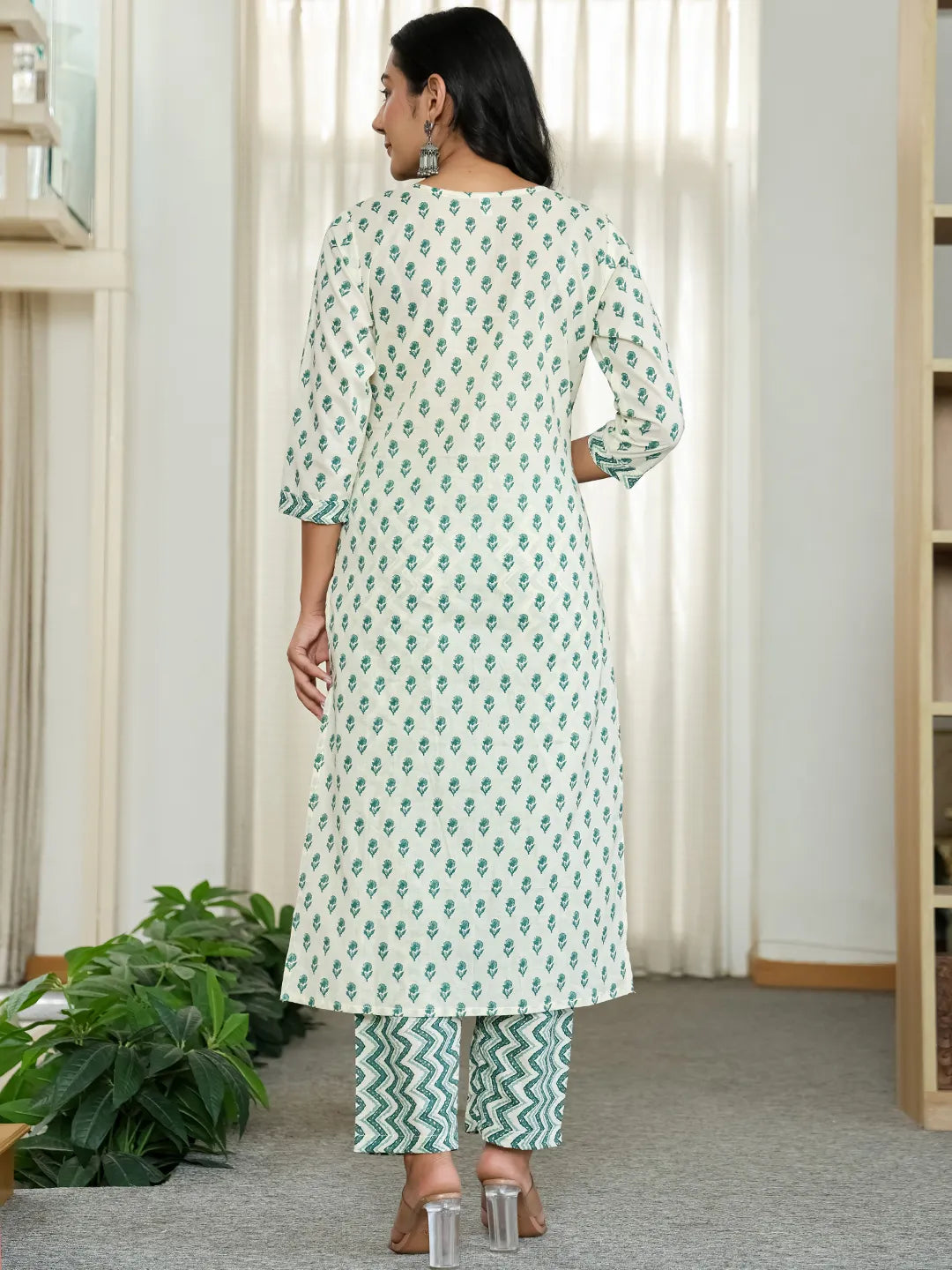 Green And White Ethnic Motifs Straight Kurta Trouser Dupatta Set-Yufta Store-6519SKDGRM