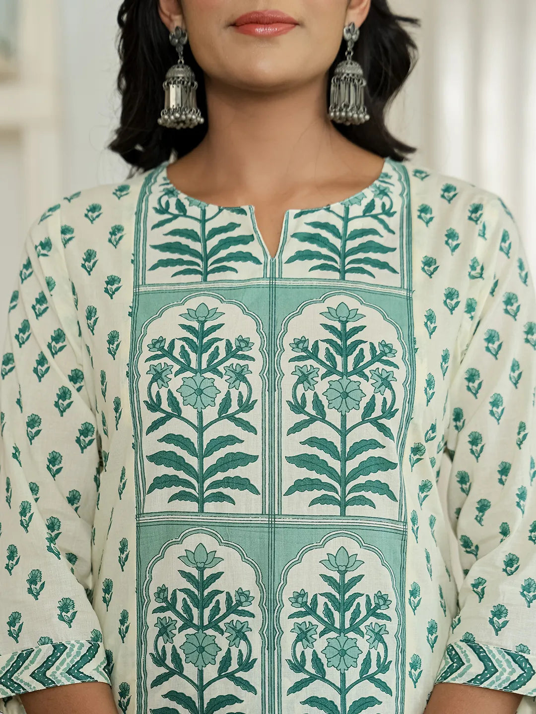 Green And White Ethnic Motifs Straight Kurta Trouser Dupatta Set-Yufta Store-6519SKDGRM