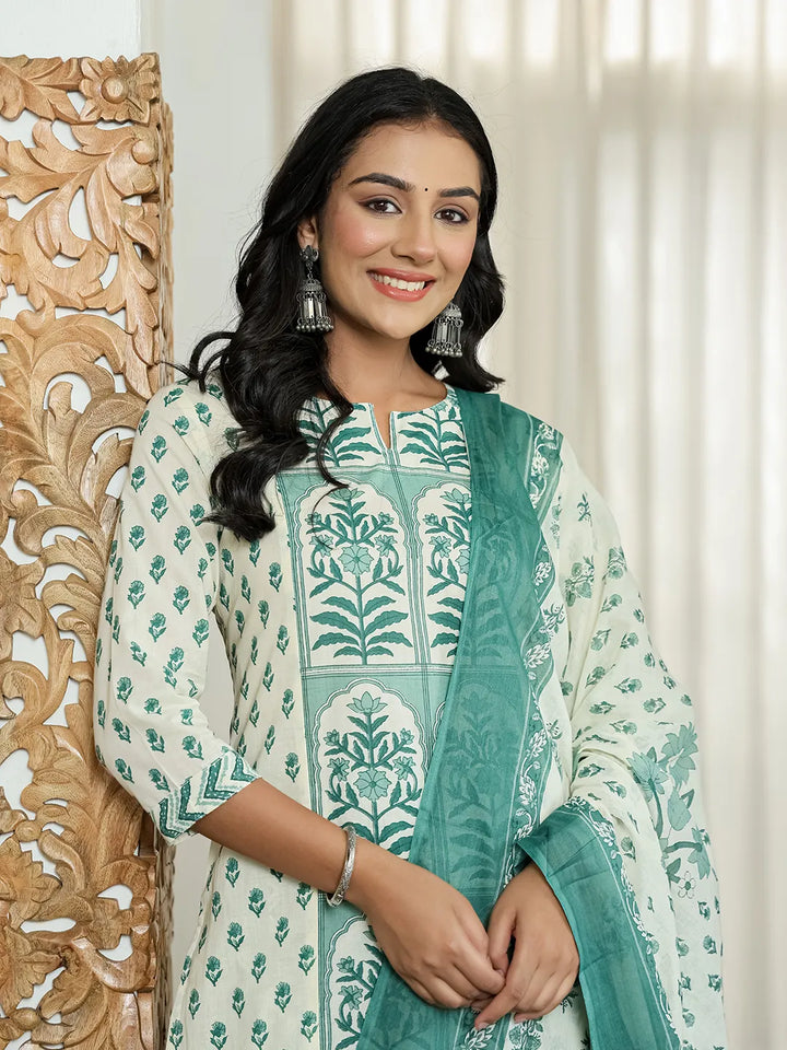 Green And White Ethnic Motifs Straight Kurta Trouser Dupatta Set-Yufta Store-6519SKDGRM
