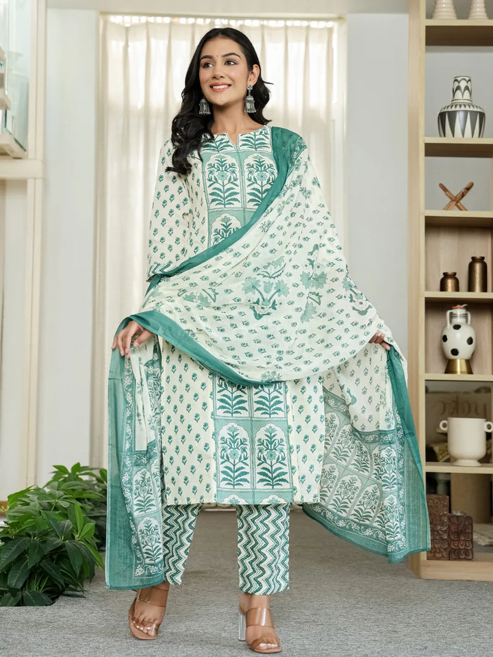 Green And White Ethnic Motifs Straight Kurta Trouser Dupatta Set-Yufta Store-6519SKDGRM