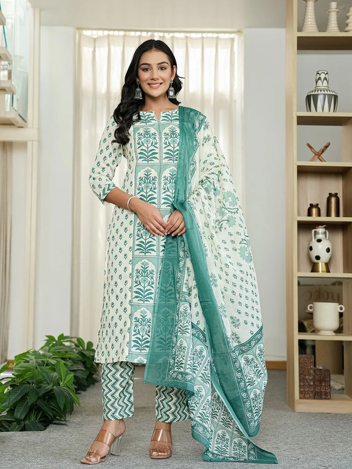 Green And White Ethnic Motifs Straight Kurta Trouser Dupatta Set-Yufta Store-6519SKDGRM