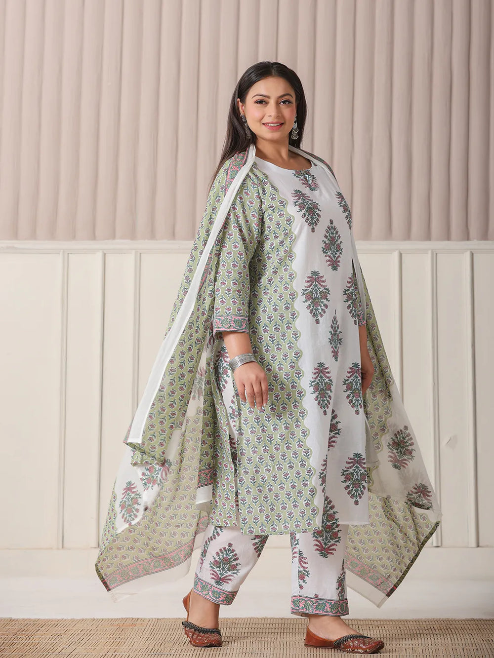 Green And White Hand_Embroidery Cotton Plus Size Kurta Dupatta Set-Yufta Store-6189PSKDGR3XL