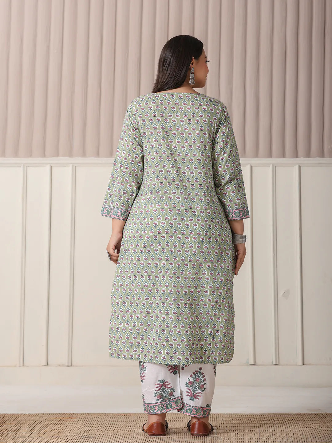 Green And White Hand_Embroidery Cotton Plus Size Kurta Dupatta Set-Yufta Store-6189PSKDGR3XL