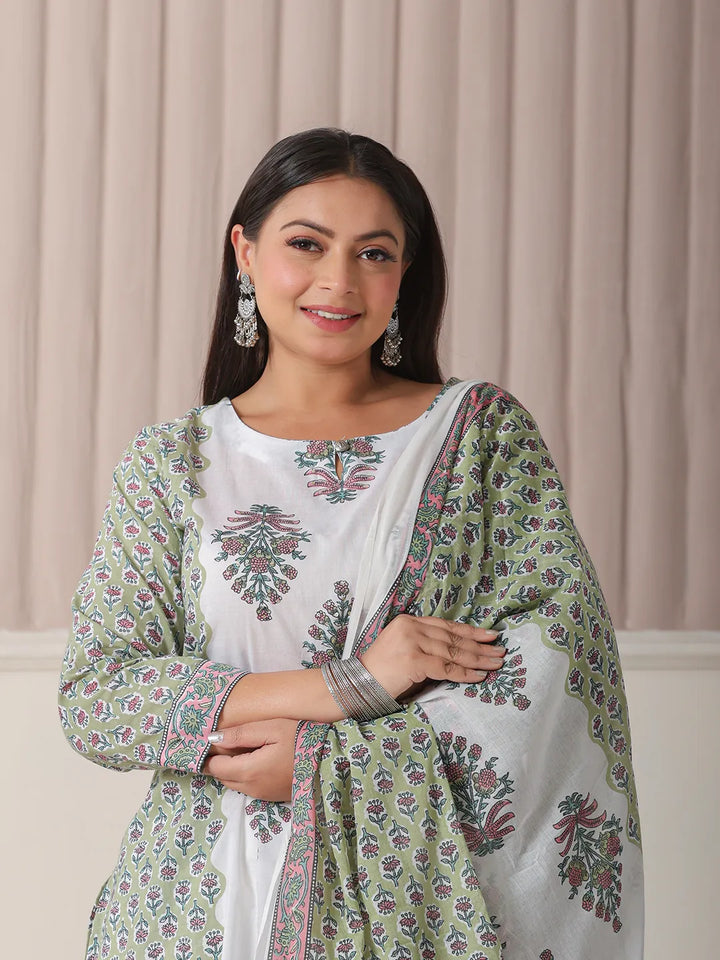 Green And White Hand_Embroidery Cotton Plus Size Kurta Dupatta Set-Yufta Store-6189PSKDGR3XL