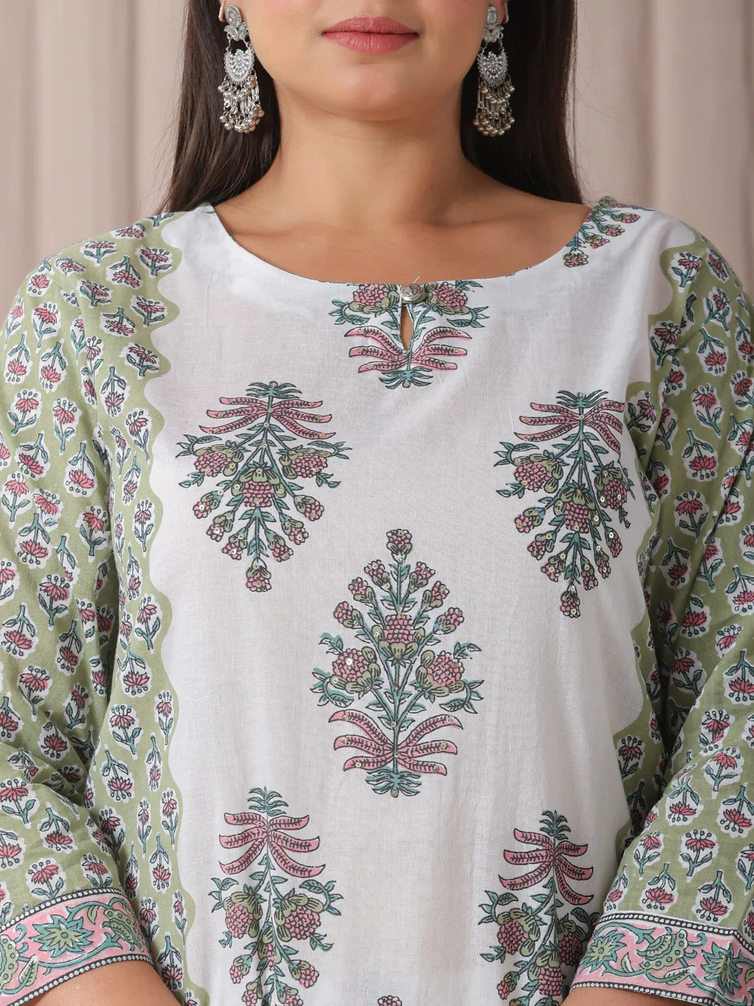 Green And White Hand_Embroidery Cotton Plus Size Kurta Dupatta Set-Yufta Store-6189PSKDGR3XL
