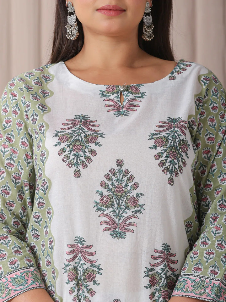 Green And White Hand_Embroidery Cotton Plus Size Kurta Dupatta Set-Yufta Store-6189PSKDGR3XL