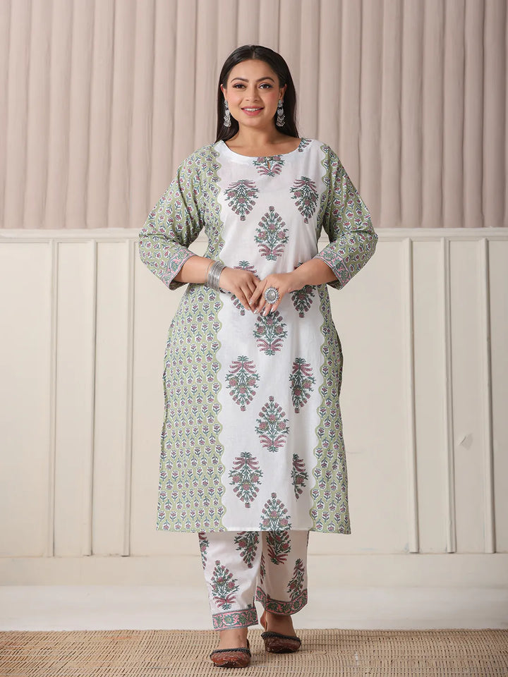 Green And White Hand_Embroidery Cotton Plus Size Kurta Dupatta Set-Yufta Store-6189PSKDGR3XL