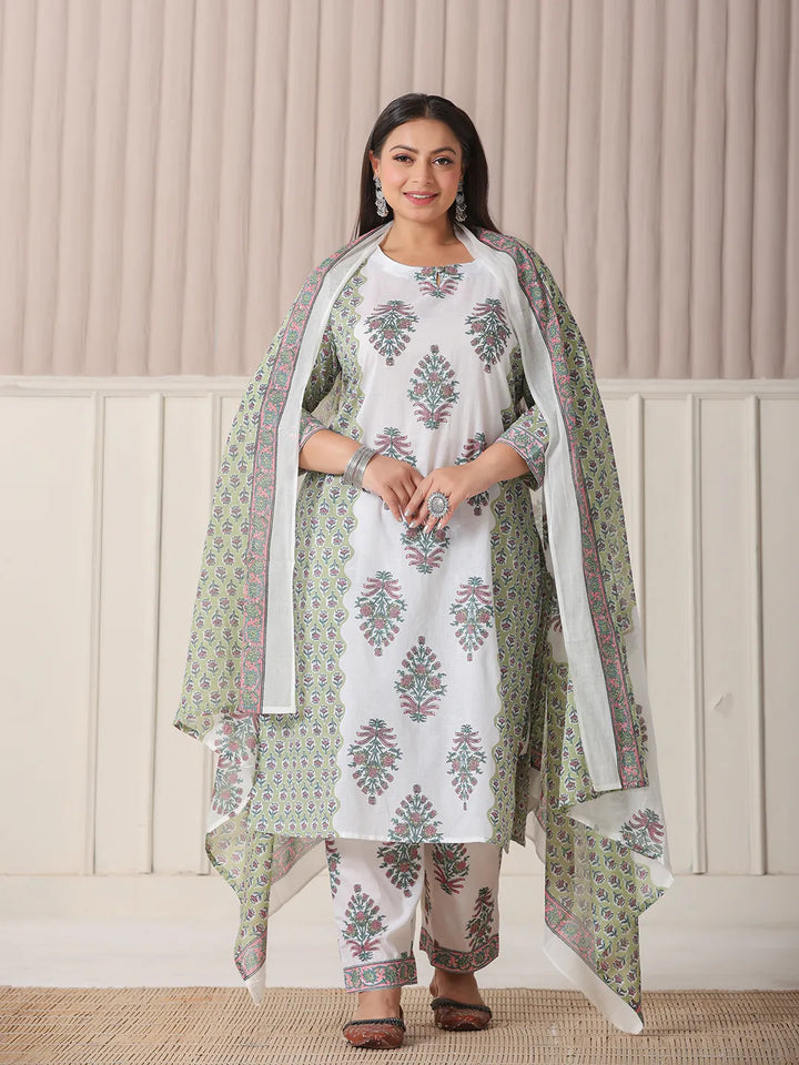 Green And White Hand_Embroidery Cotton Plus Size Kurta Dupatta Set-Yufta Store-6189PSKDGR3XL