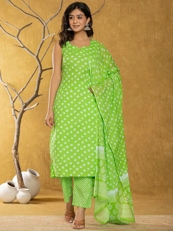 Green Bandhani Cotton Straight Kurta Trouser & Dupatta Set-Yufta Store-6905SKDGRS