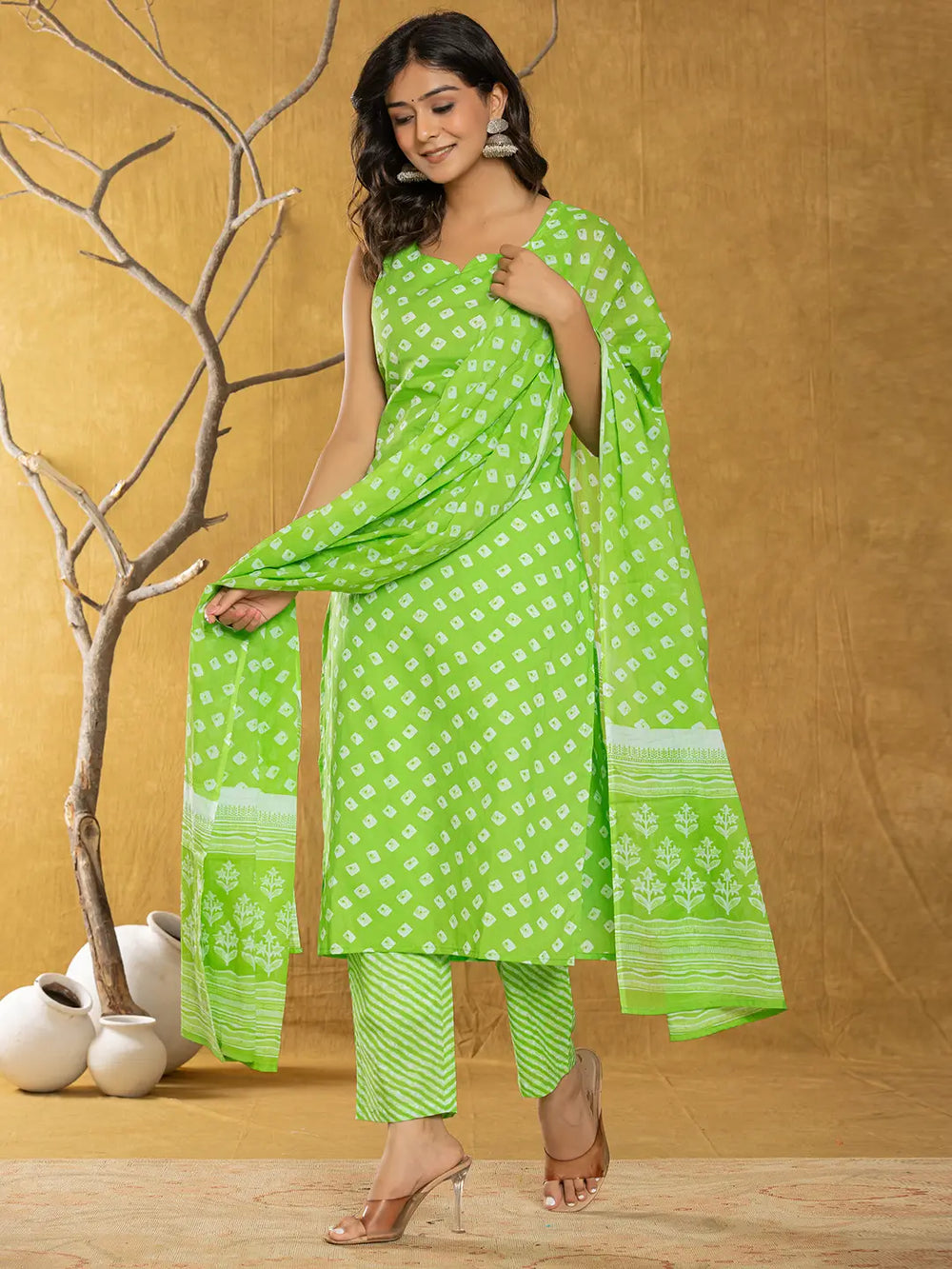 Green Bandhani Cotton Straight Kurta Trouser & Dupatta Set-Yufta Store-6905SKDGRS