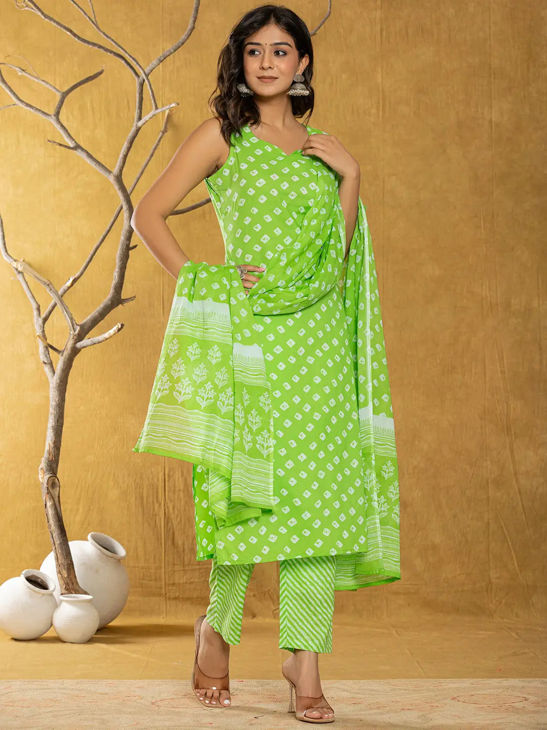 Green Bandhani Cotton Straight Kurta Trouser & Dupatta Set-Yufta Store-6905SKDGRS