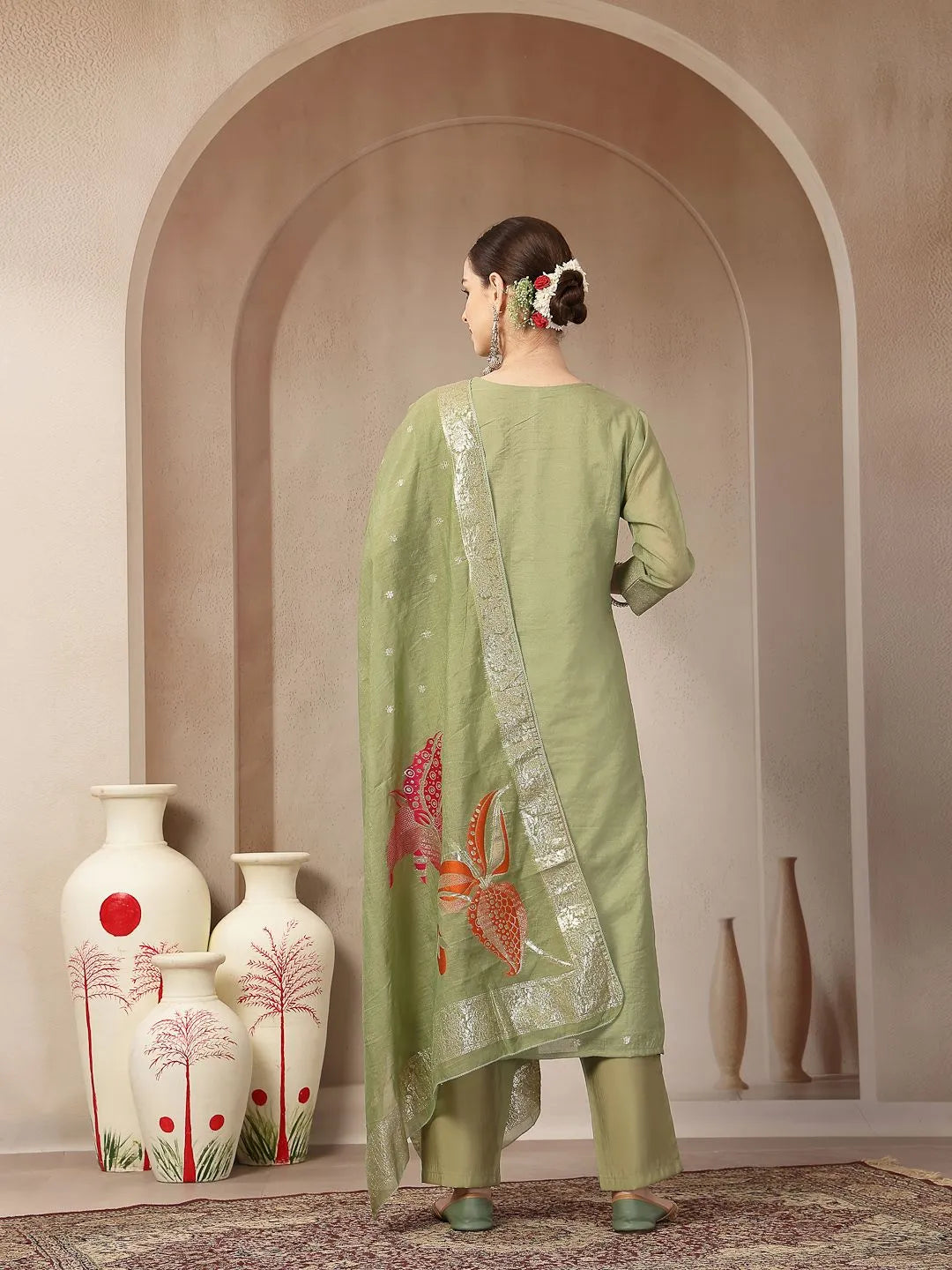 Green Chanderi Silk Floral Straight Kurta Trouser Dupatta Set