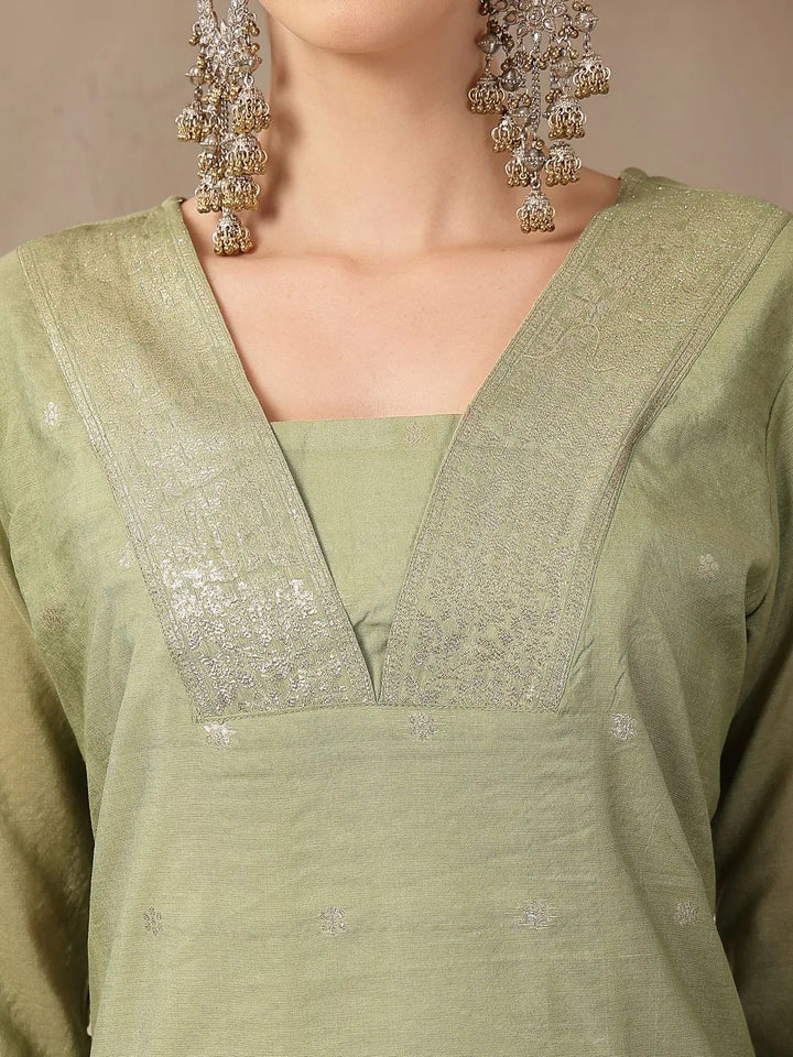 Green Chanderi Silk Floral Straight Kurta Trouser Dupatta Set