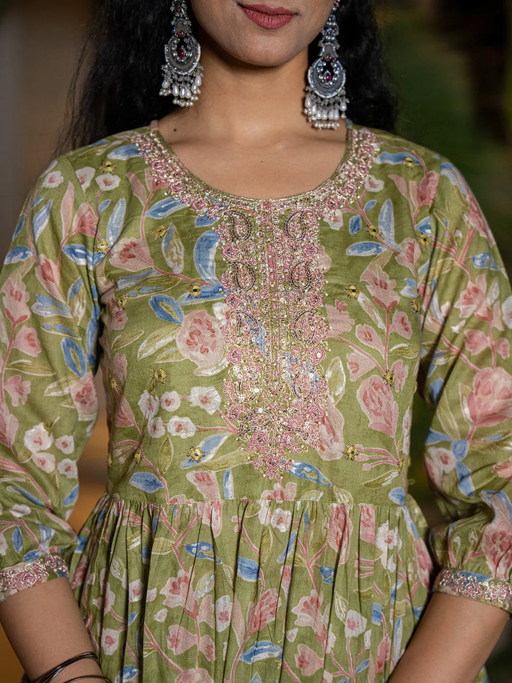 Green Cotton Embroidery A-Line Gathers Kurta And Dhoti Pants With Dupatta Set