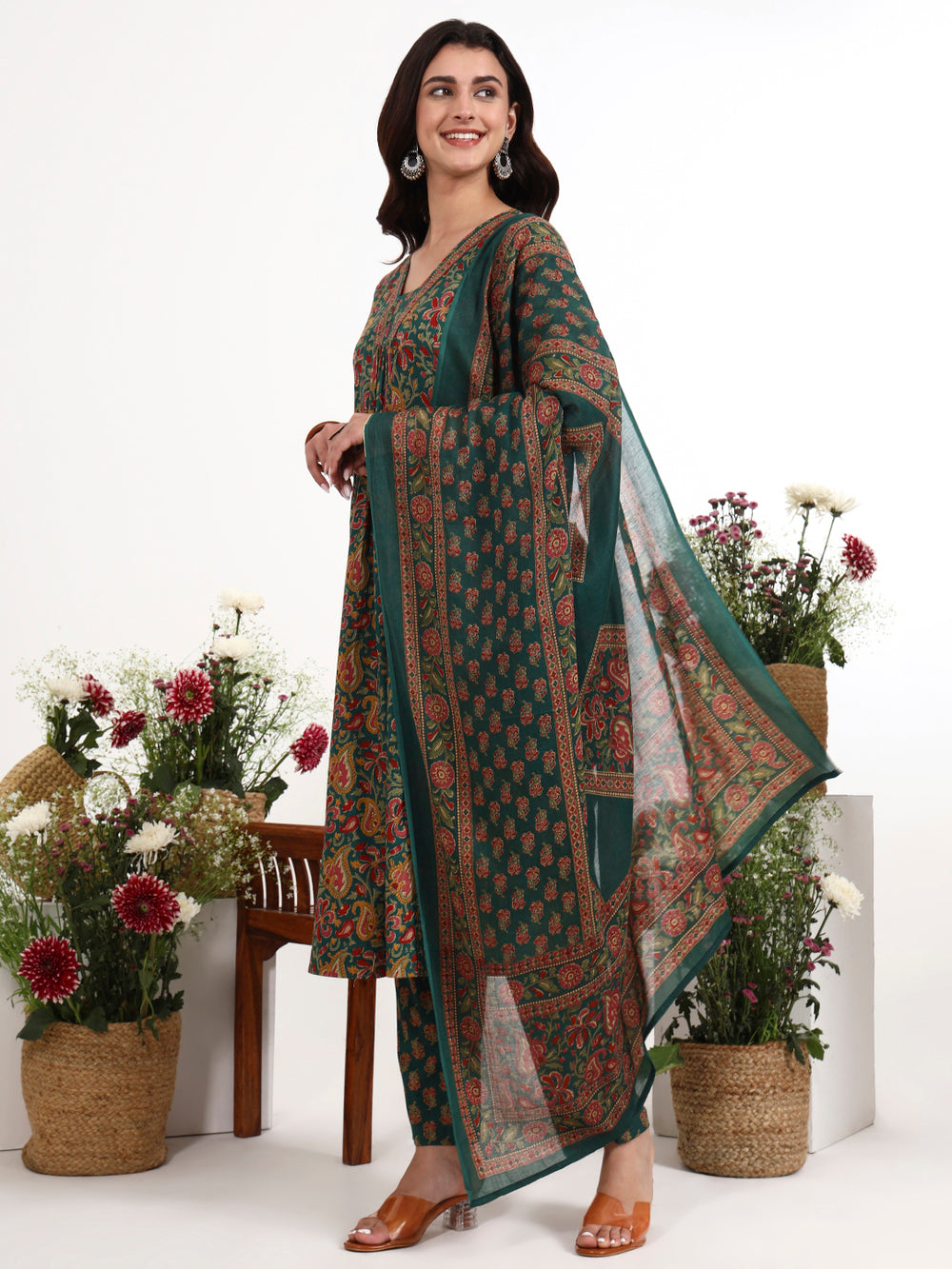 Green Cotton Flared Kurta Pant Dupatta Set-Yufta Store-7728SKDGRM