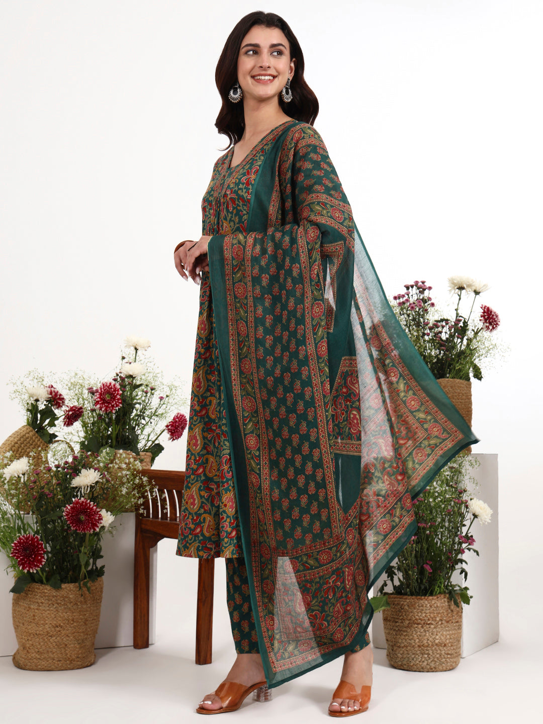 Green Cotton Flared Kurta Pant Dupatta Set-Yufta Store-7728SKDGRM