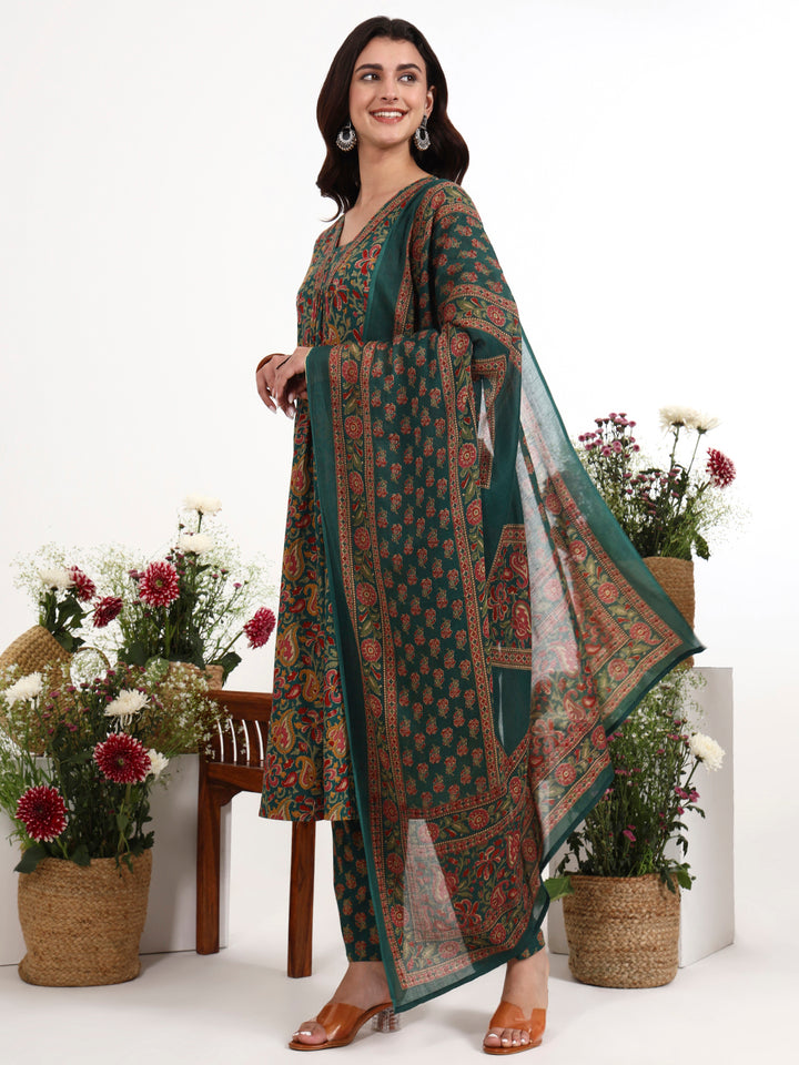 Green Cotton Flared Kurta Pant Dupatta Set-Yufta Store-7728SKDGRM