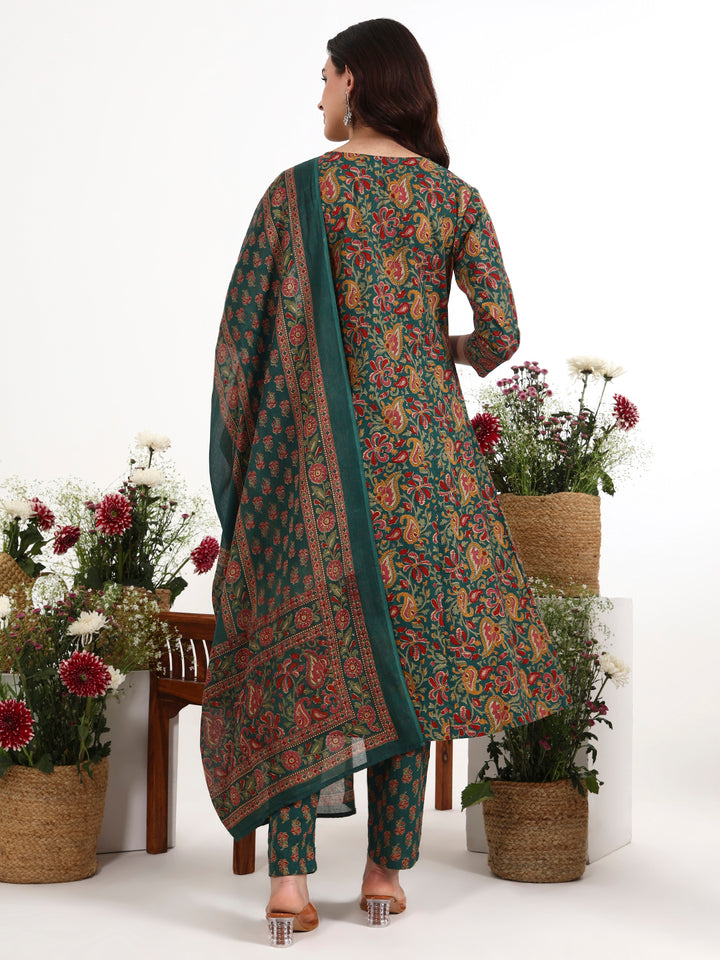 Green Cotton Flared Kurta Pant Dupatta Set-Yufta Store-7728SKDGRM