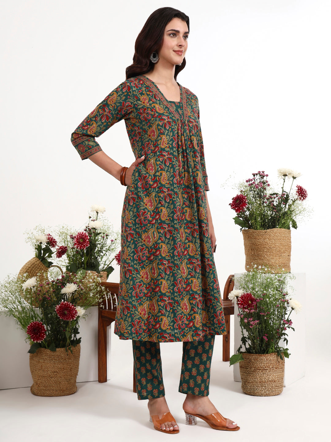 Green Cotton Flared Kurta Pant Dupatta Set-Yufta Store-7728SKDGRM