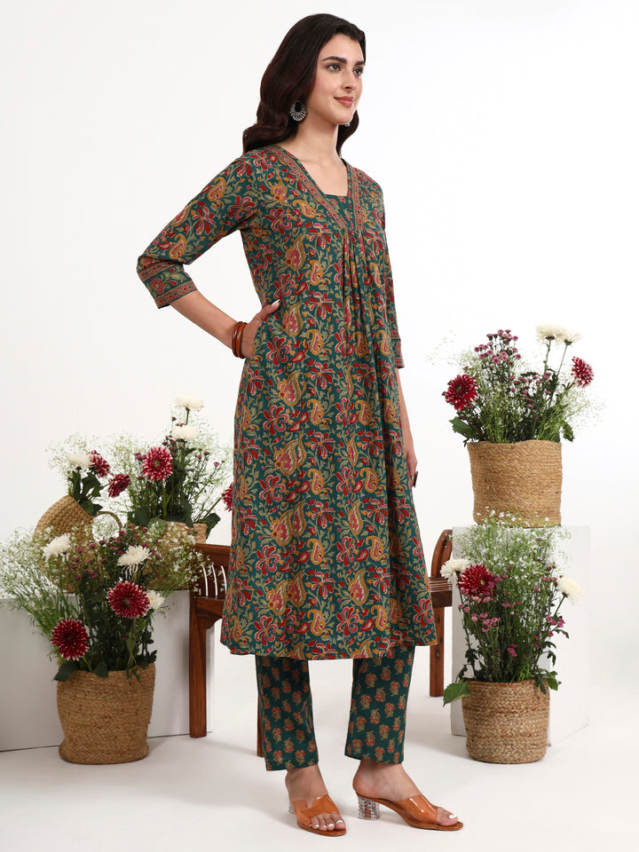Green Cotton Flared Kurta Pant Dupatta Set-Yufta Store-7728SKDGRM