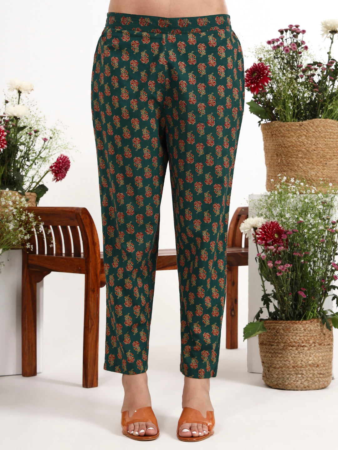 Green Cotton Flared Kurta Pant Dupatta Set-Yufta Store-7728SKDGRM