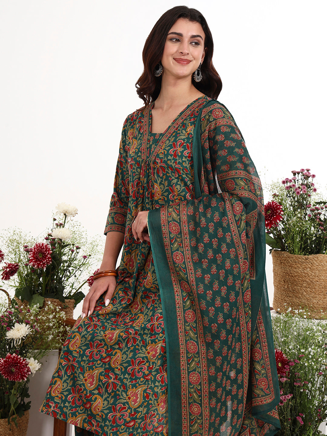 Green Cotton Flared Kurta Pant Dupatta Set-Yufta Store-7728SKDGRM