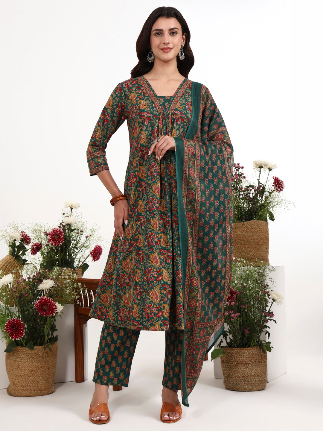Green Cotton Flared Kurta Pant Dupatta Set-Yufta Store-7728SKDGRM