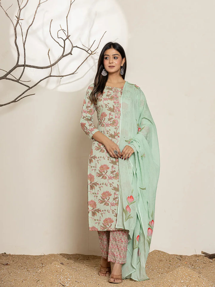 Green Cotton Floral Print Kurta Dupatta Set-Yufta Store-7010SKDGRS