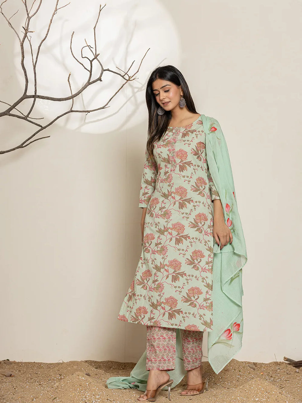 Green Cotton Floral Print Kurta Dupatta Set-Yufta Store-7010SKDGRS