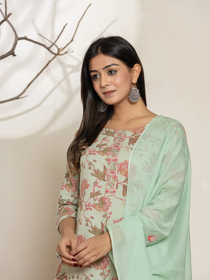 Green Cotton Floral Print Kurta Dupatta Set-Yufta Store-7010SKDGRS