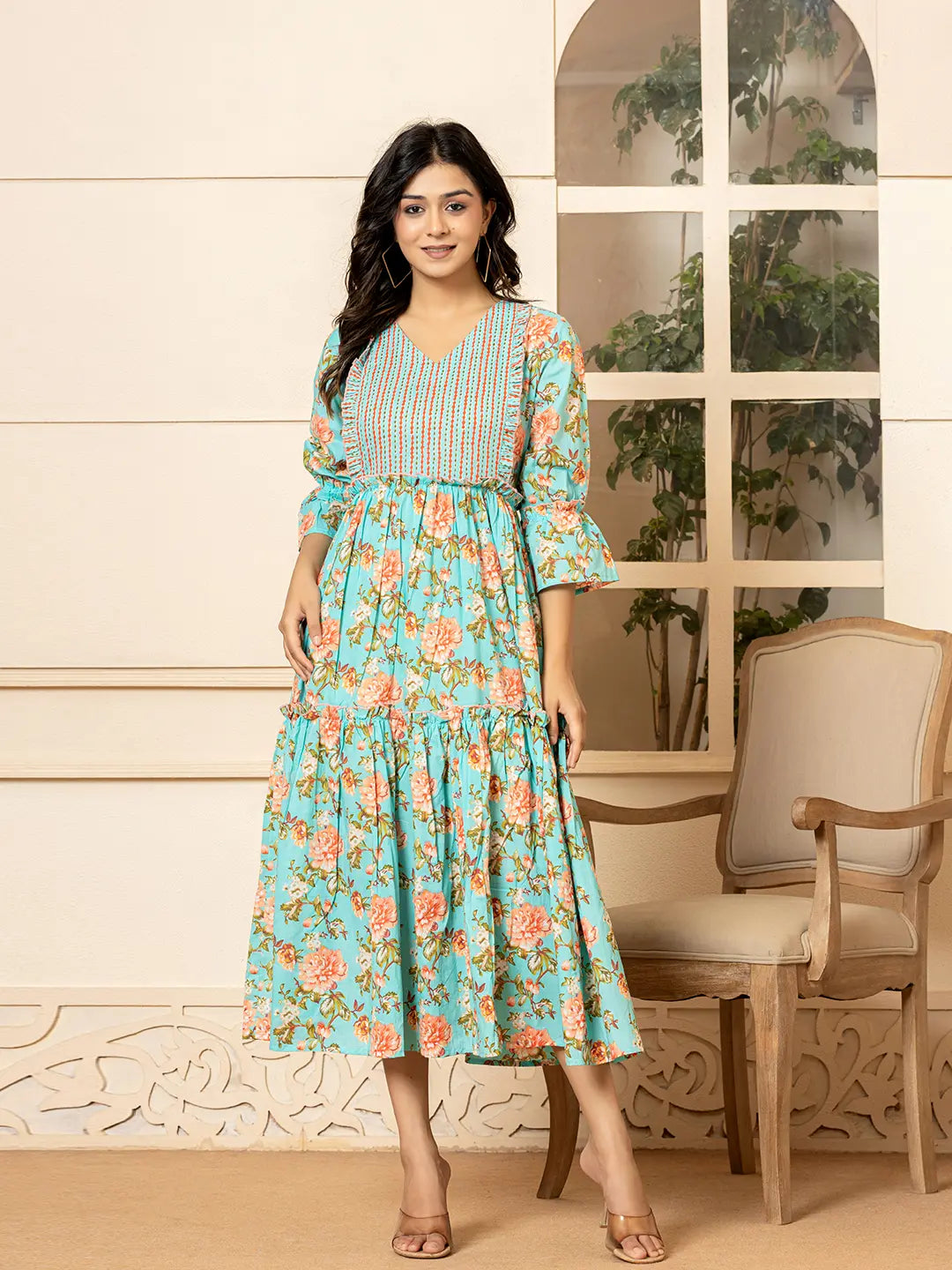 Teal Green Cotton Floral Print Tiered Dress With Ruffles-Yufta Store-6939DRSTGS