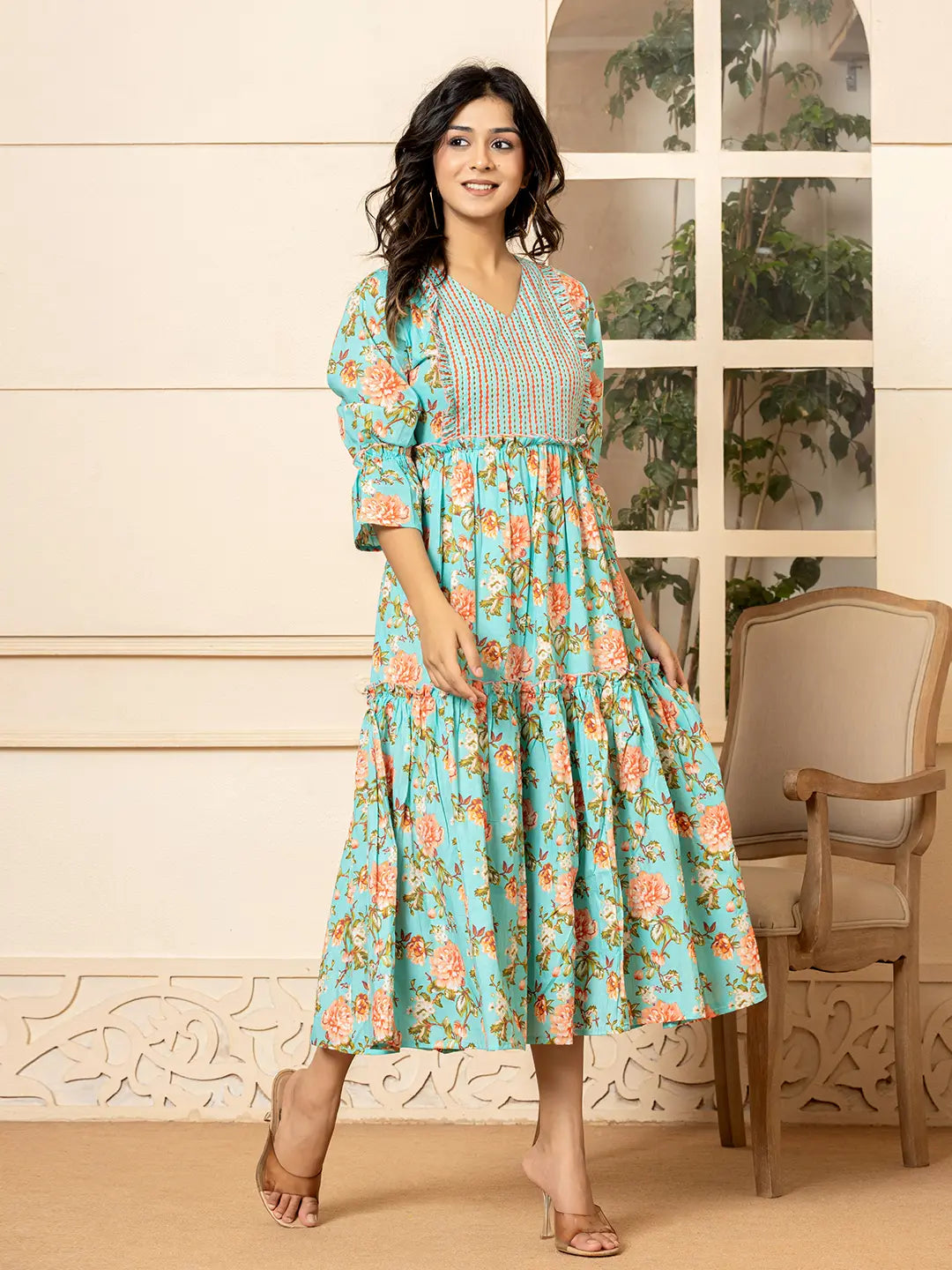 Teal Green Cotton Floral Print Tiered Dress With Ruffles-Yufta Store-6939DRSTGS