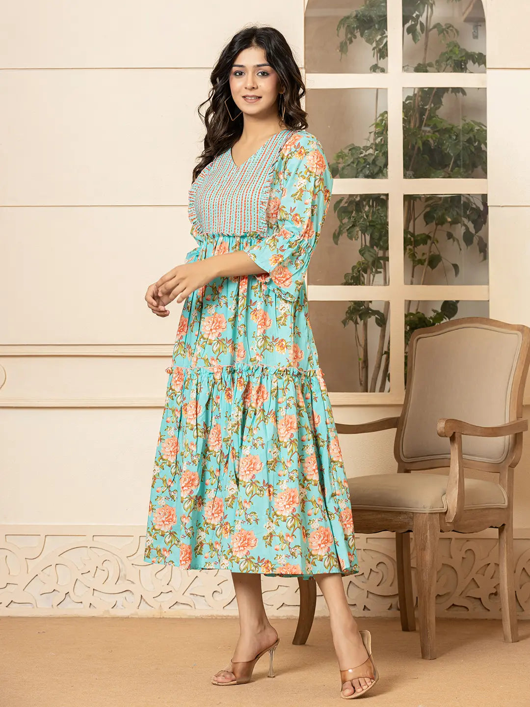 Teal Green Cotton Floral Print Tiered Dress With Ruffles-Yufta Store-6939DRSTGS