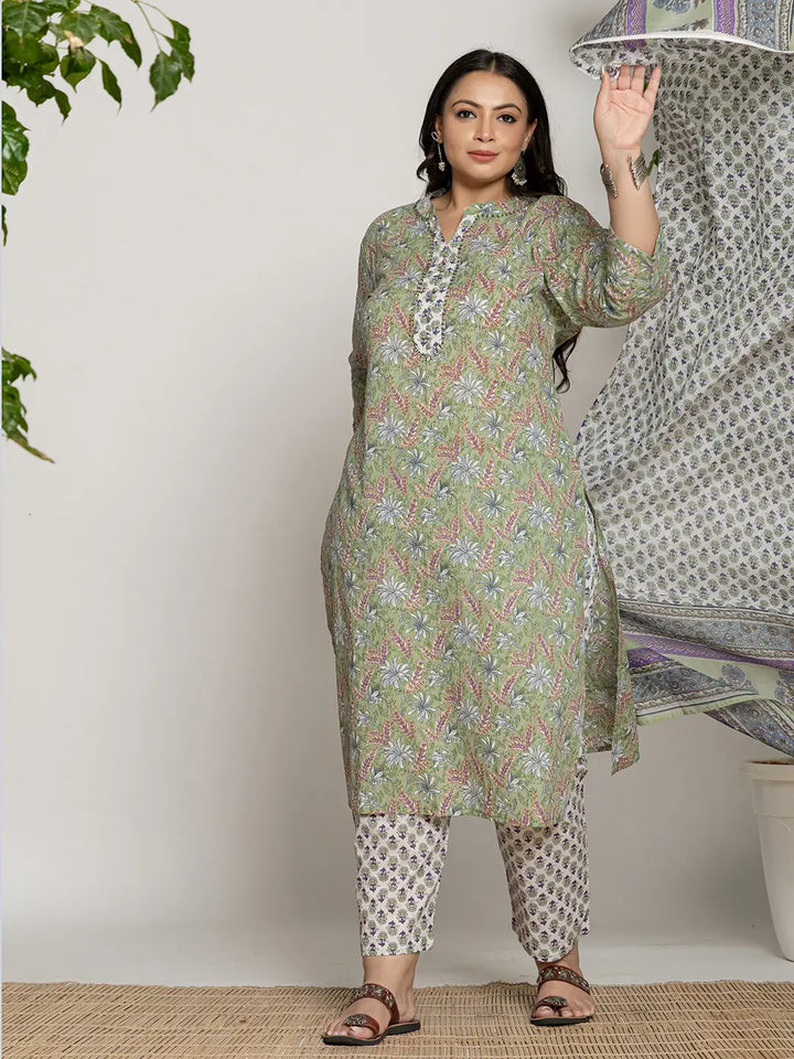 Green Cotton Green Pluse Size Kurta Dupatta Pant Set-Yufta Store-6948PSKDGR3XL